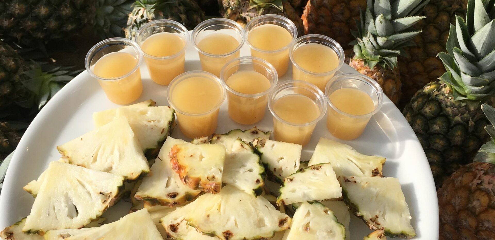 Ananas bouteille coupé en tranche et sous forme de jus